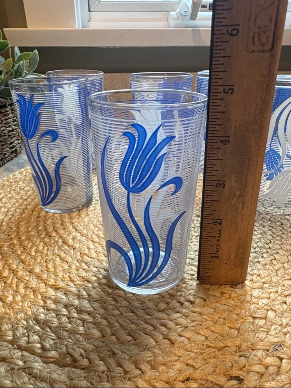 (6) Vintage MCM Blue and White Tulip Glasses - 8 oz.